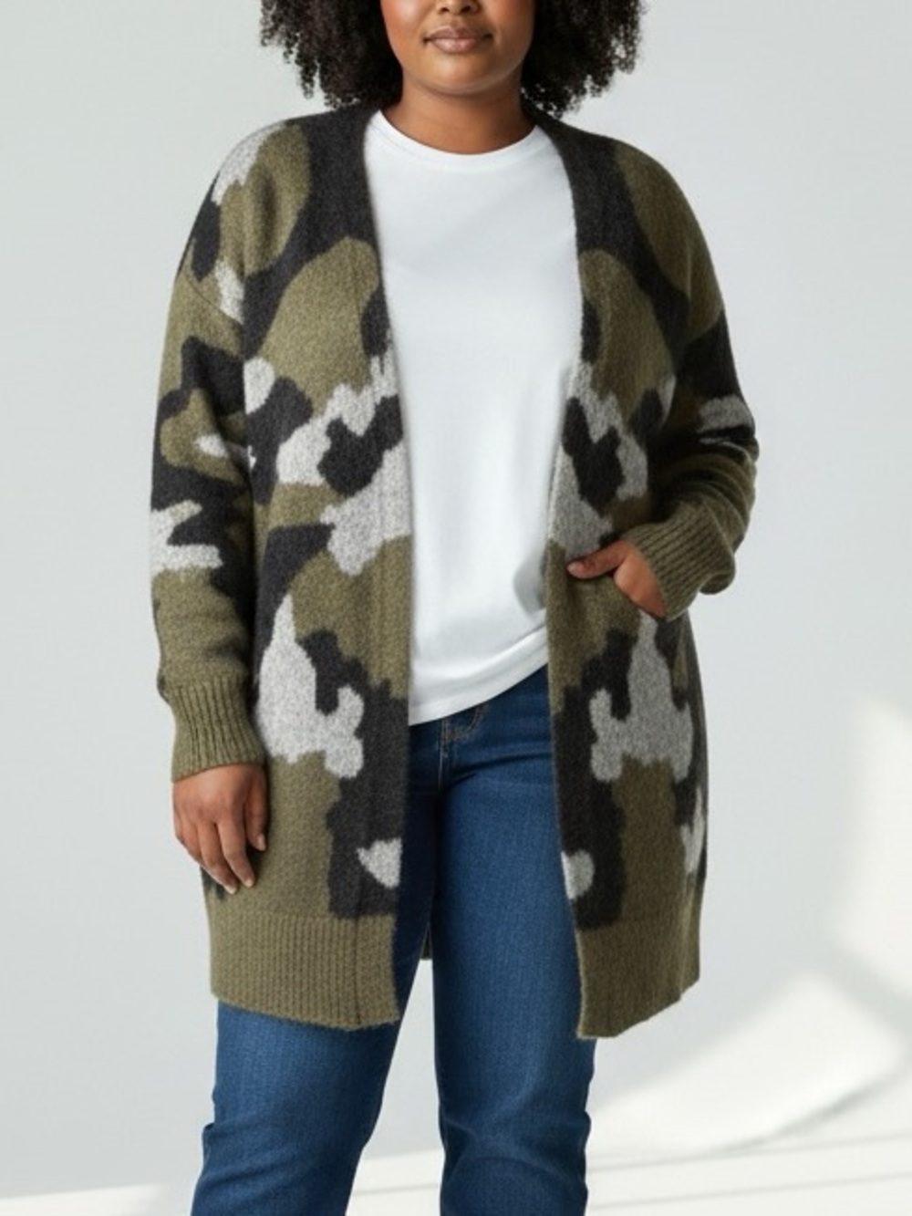 Dex Camo Open Front Cozy Knit Cardigan Sweater Green